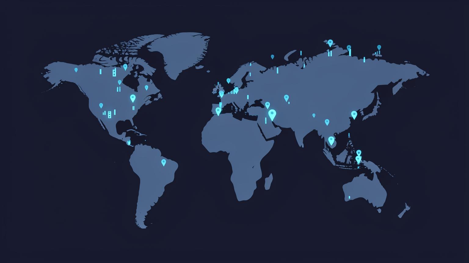 Illustration of a world map dotted with glowing city markers of different heights