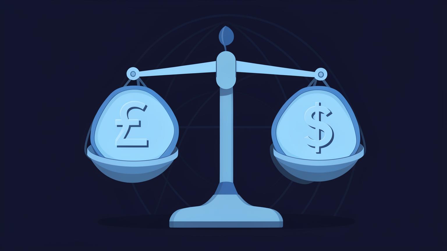 Illustration of a balance scale weighing a pound coin against a dollar coin, with a globe behind