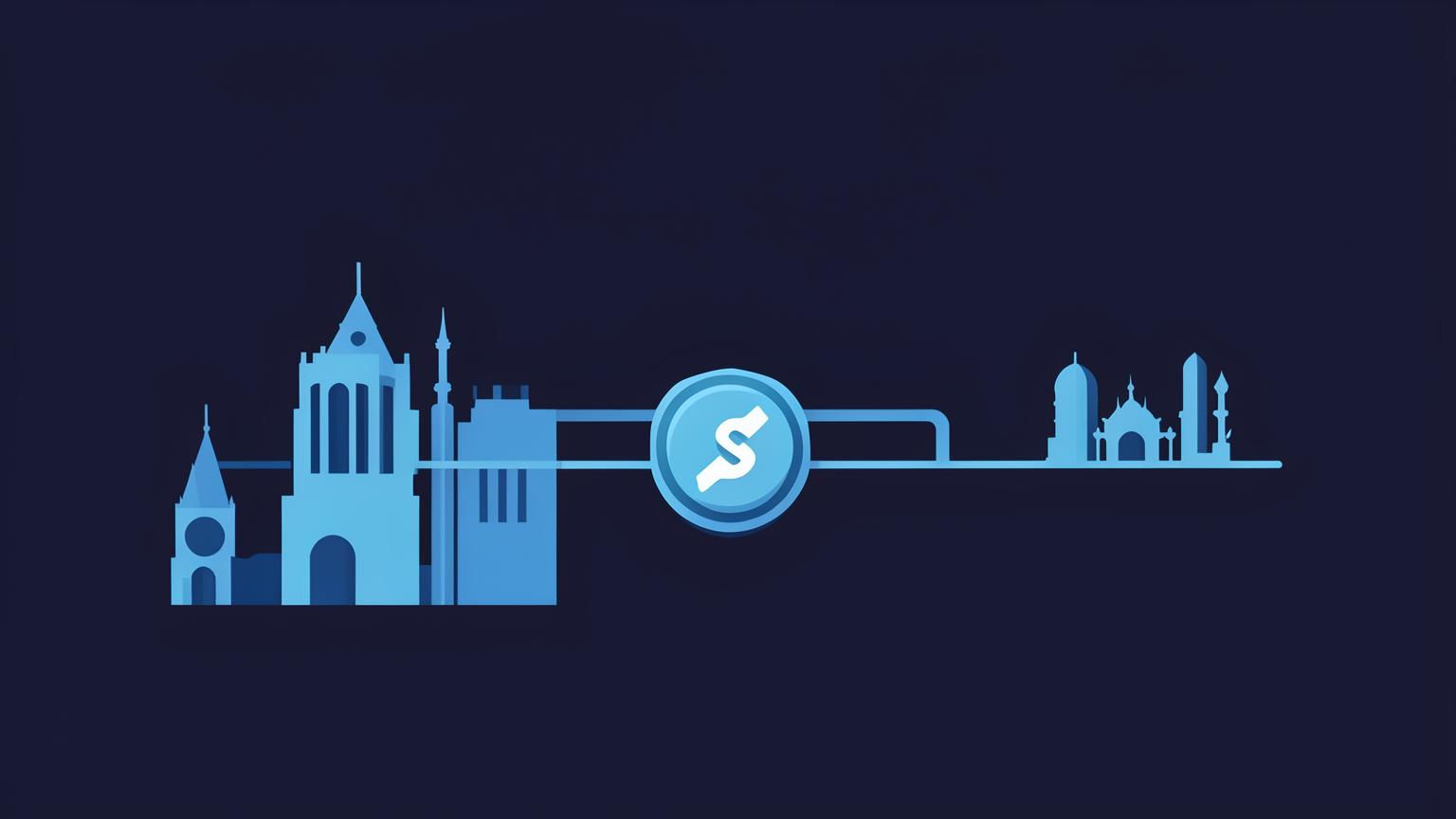 Illustration of London and Istanbul skylines linked by a coin travelling between them